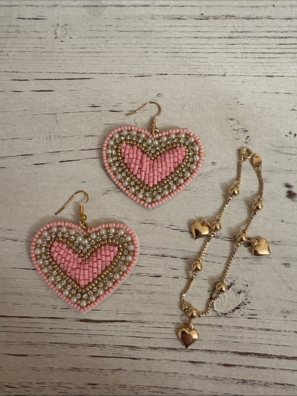 Pink Beaded Heart Earrings plus Gold Tone Heart Bracelet